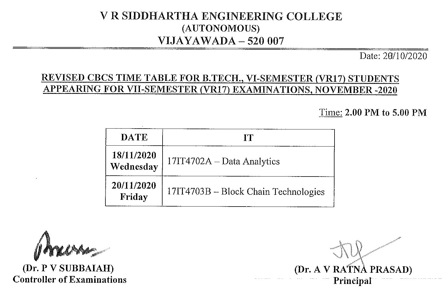 Revised Timetable For CBCS Examinations Of IT Branch VII-Semester Exams ...