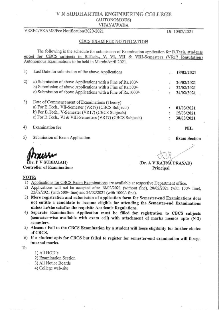 Exam Fee Notification For CBCS Exams Of B.Tech., V,VI,VII & VIII ...