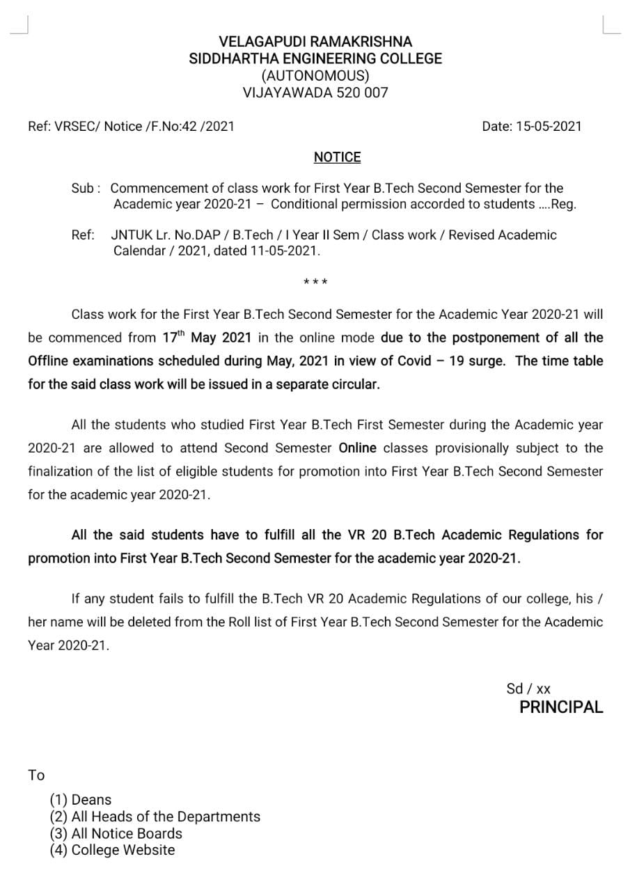 Notice – Commencement Of Classwork For First Year B.Tech Second ...