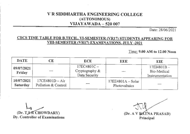 Timetable For CBCS B.Tech., VIII-Semester (VR17) Examinations, July ...