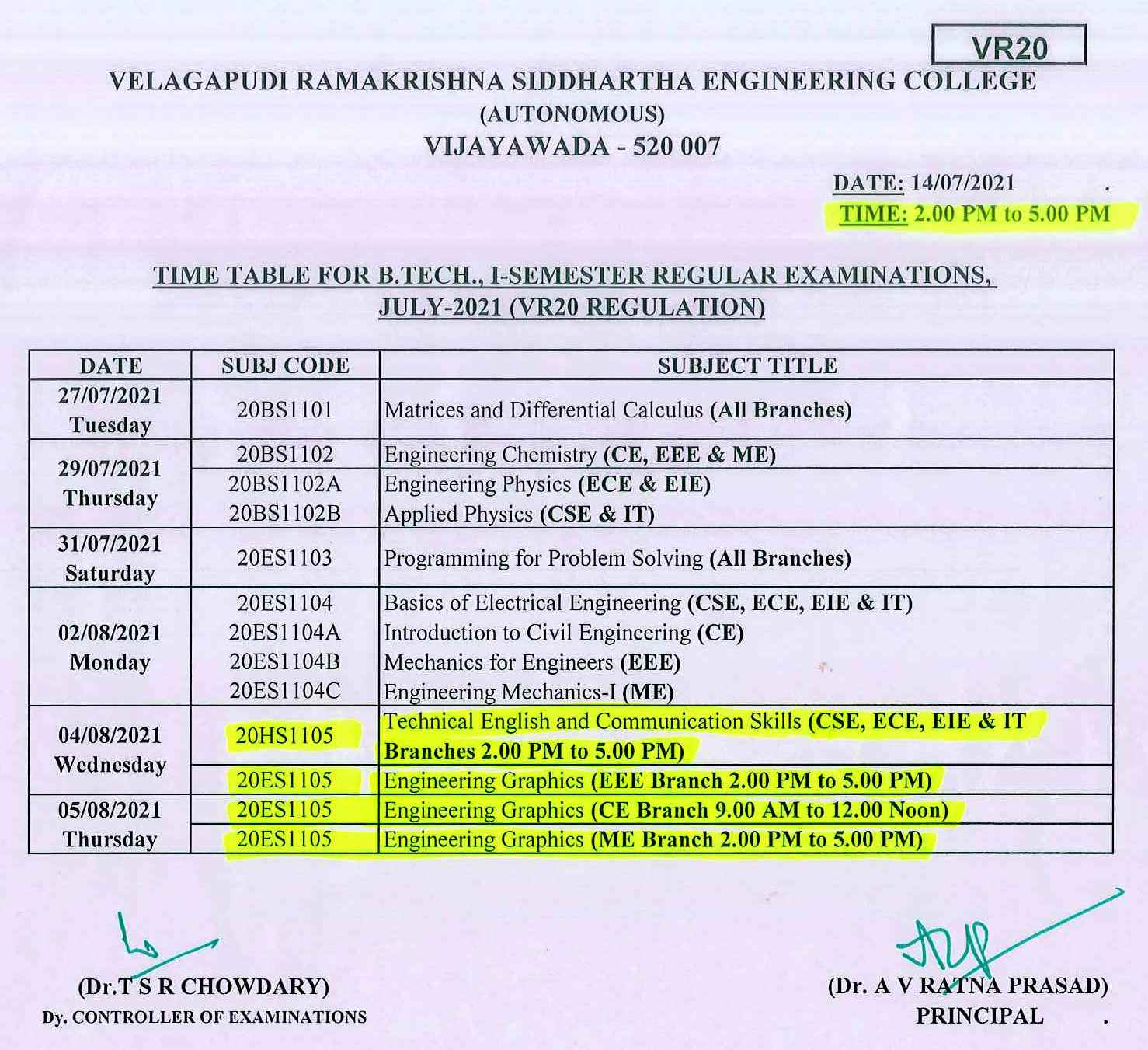 Timetable For B.Tech., I-Semester (20 Regulation) Regular Exams, July ...