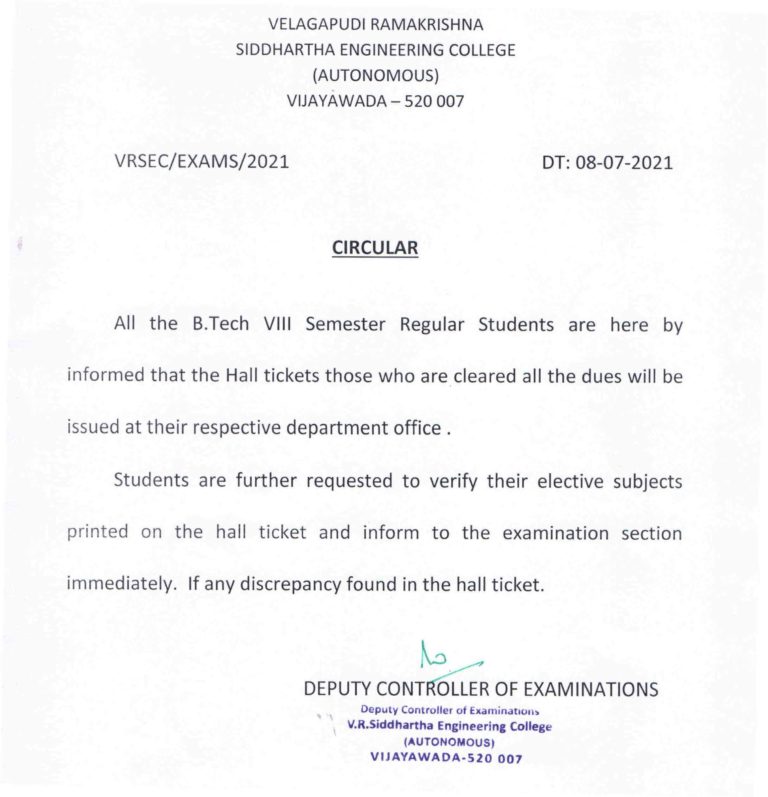 Circular Regarding Issuing Of B.Tech VIII Semester Regular Hall Tickets ...