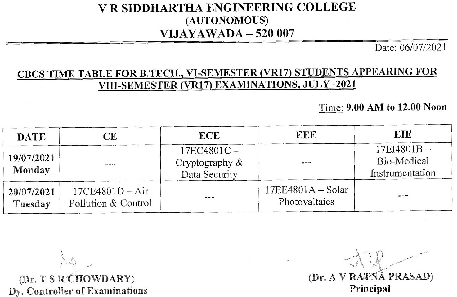 Timetable For CBCS B.Tech., VIII-Semester Exams, July-2021 – VRSEC ...