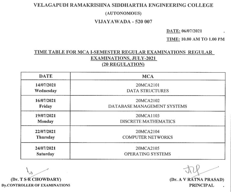 Timetable For MCA I-Semester (20 Regulation) Regular Exams, July-2021 ...