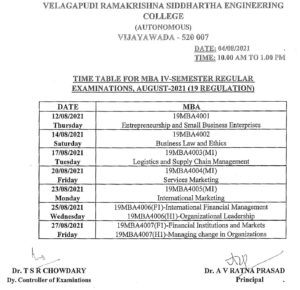 Timetable For MBA IV-Semester (19 Regulation) Regular Exams, August ...