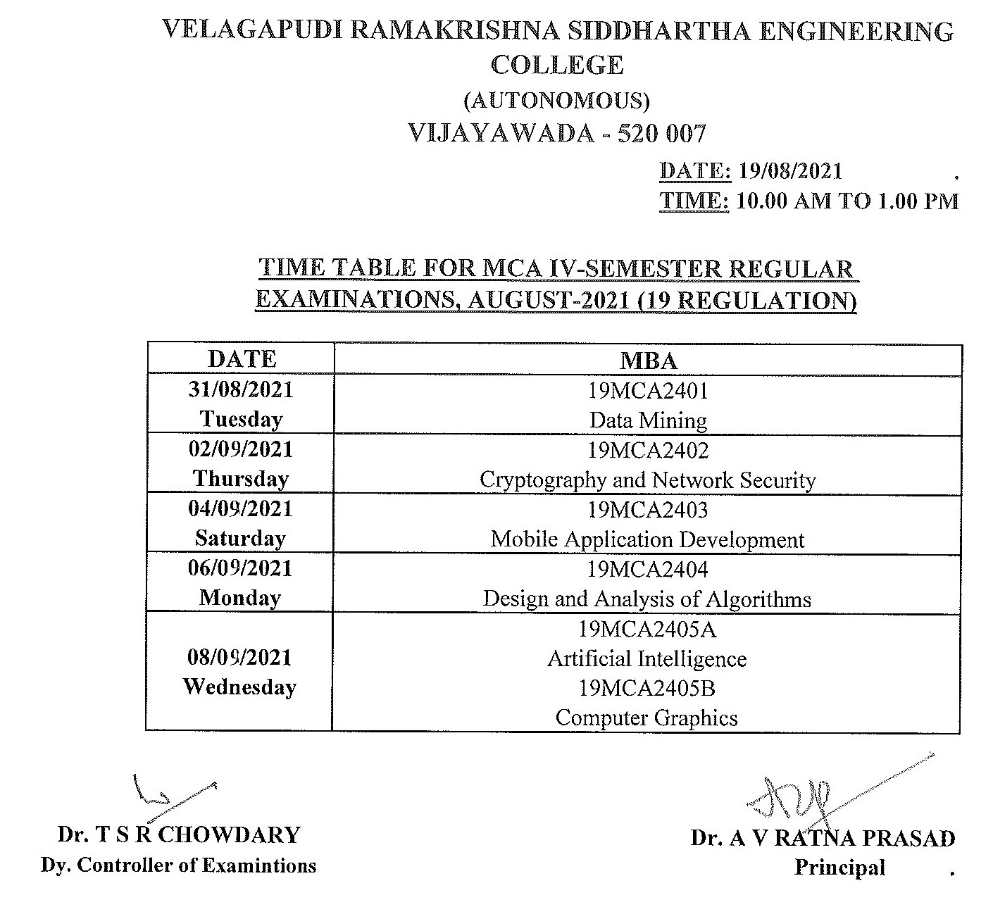 Revised Timetable For MCA IV-Semester Regular Exams, August-2021 ...