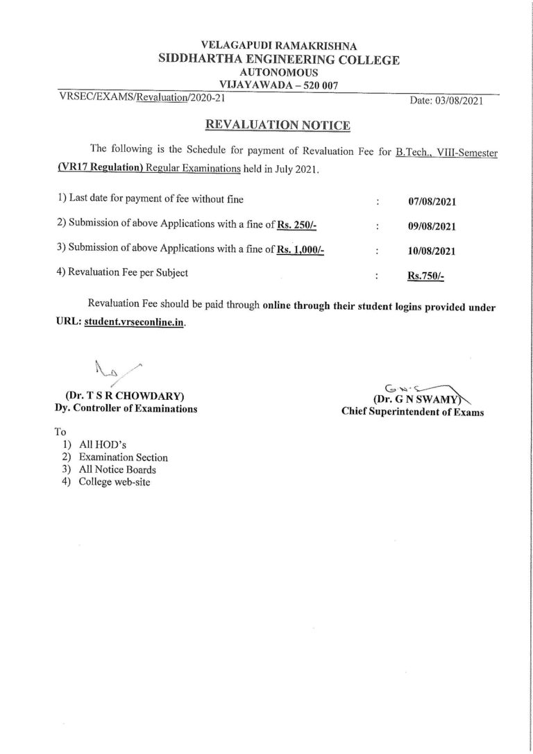 Revaluation Notice For B.Tech., VIII-Semester (VR17) Regular Exams ...