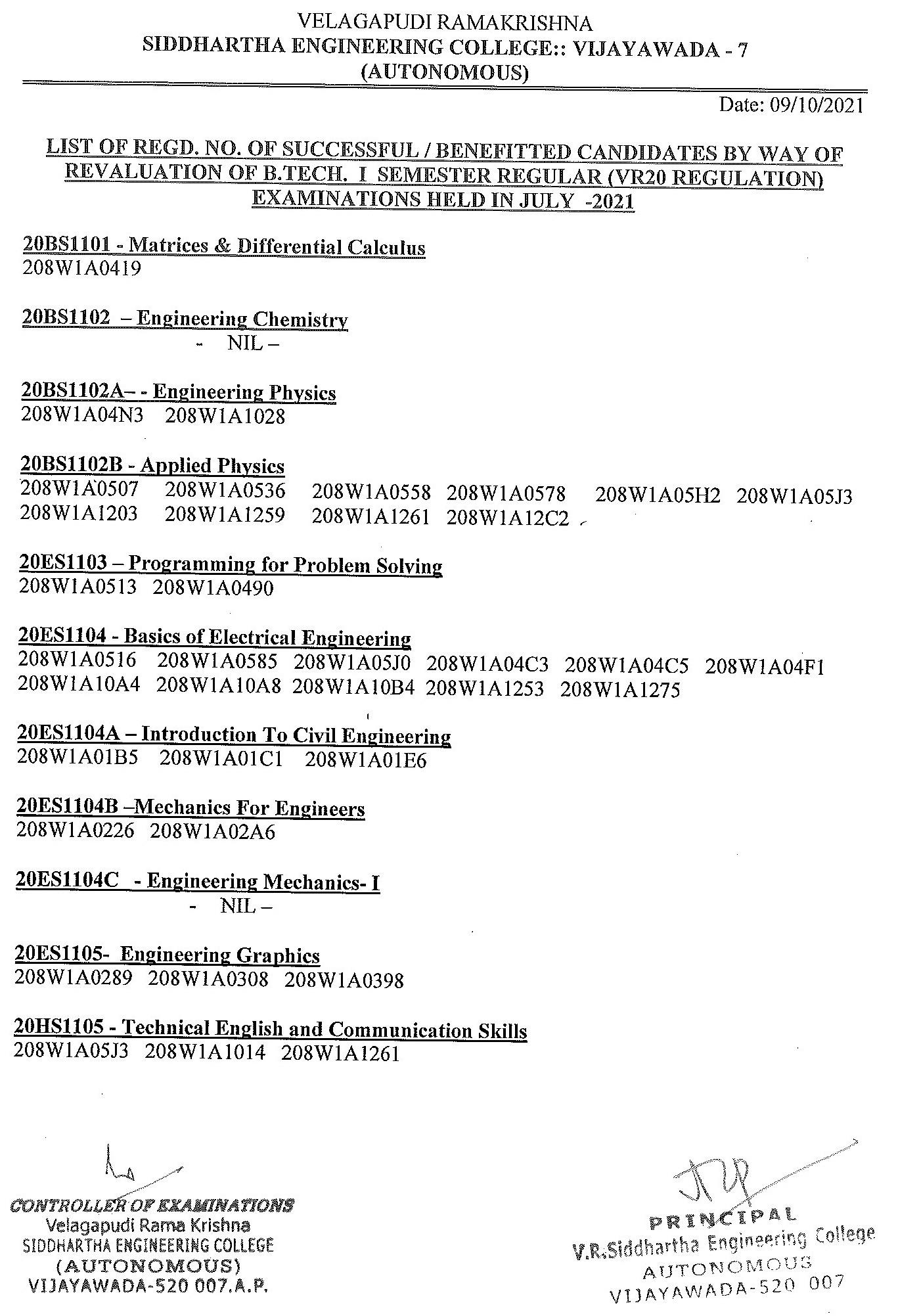 Revaluation Results Of B.Tech., I-Semester (VR20) Regular Exams, July ...