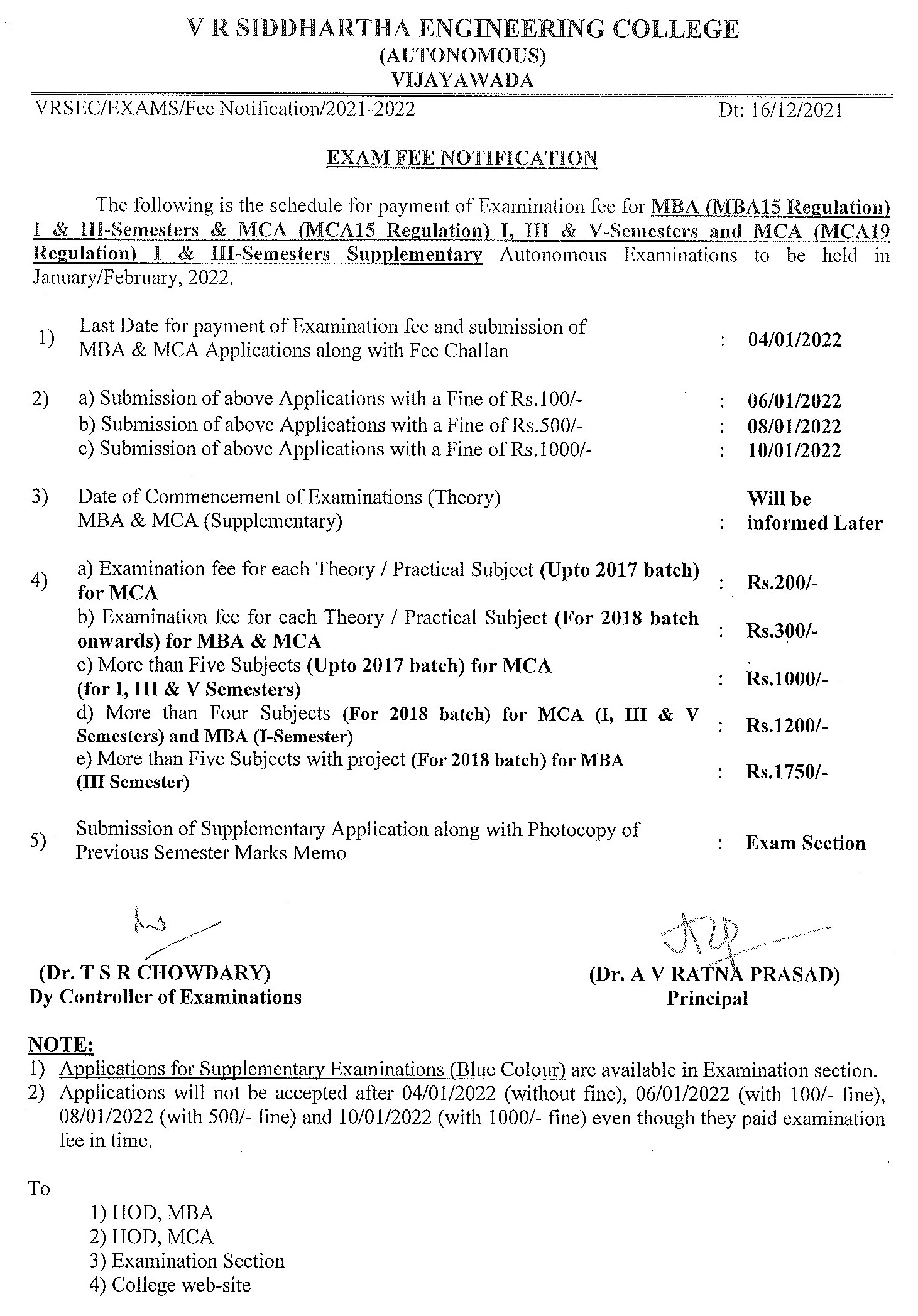 Exam Fee notification for MCA I, III & V-Semesters (15 Regulation), MCA