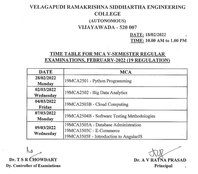 Timetable For MCA V-Semester (19 Regulation) Regular Exams Feb-2022 ...