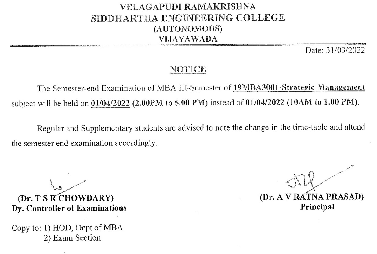 MBA III Sem of 19MBA3001 subject will be held on 01042022 (200 PM