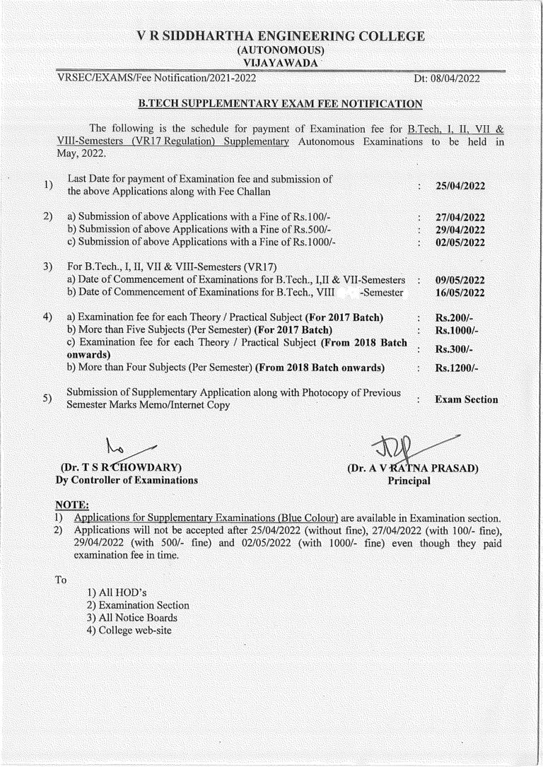 Exam Fee Notification For B.Tech., I, II, VII & VIII-Semesters (VR17 ...