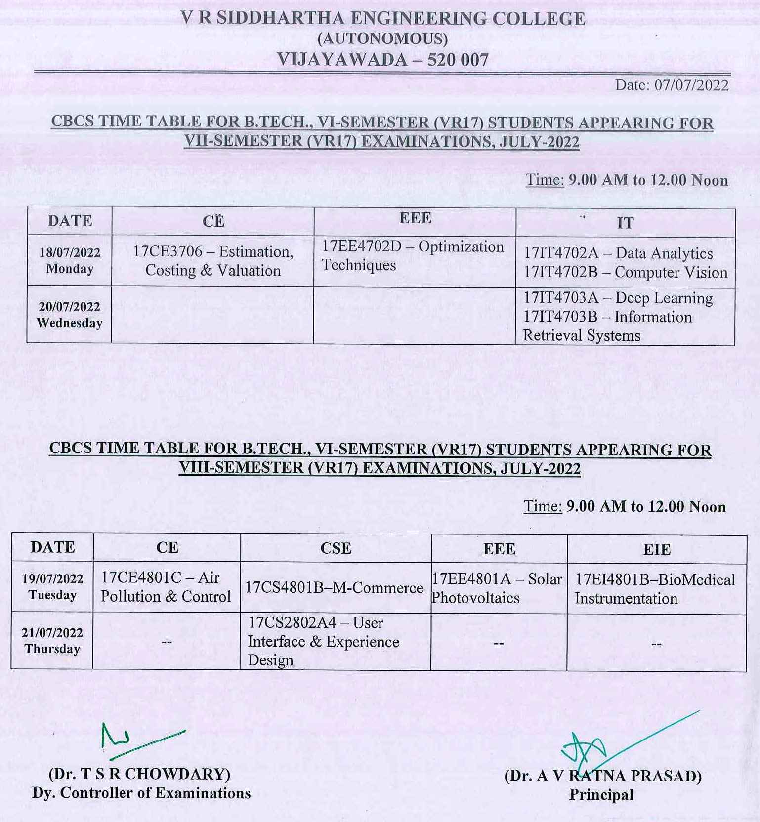 Timetable For CBCS B.Tech., VII & VIII-Semesters (VR17) Exams, July ...