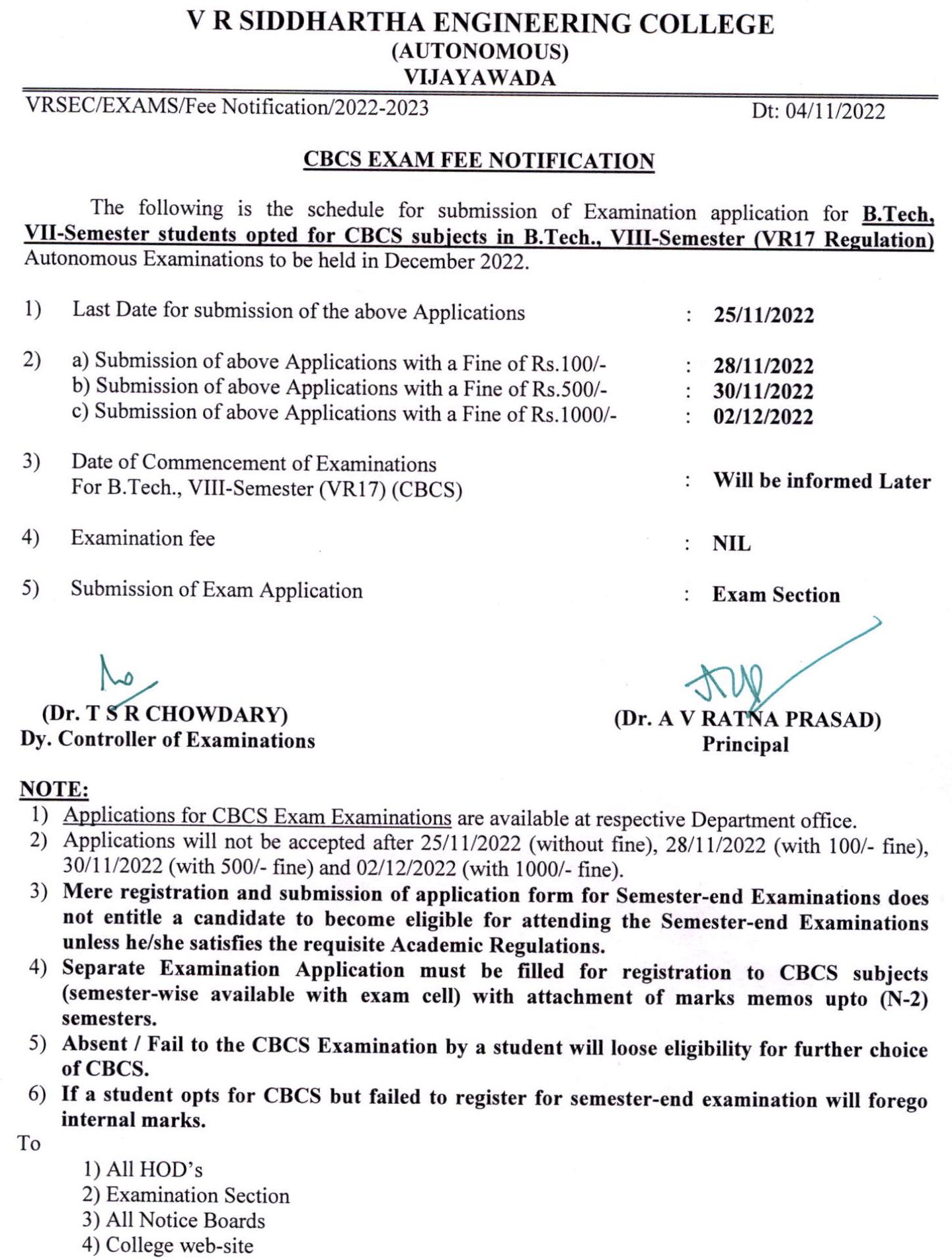 Exam Fee Notification For B.Tech., (VR17) CBCS VIII-Semester ...